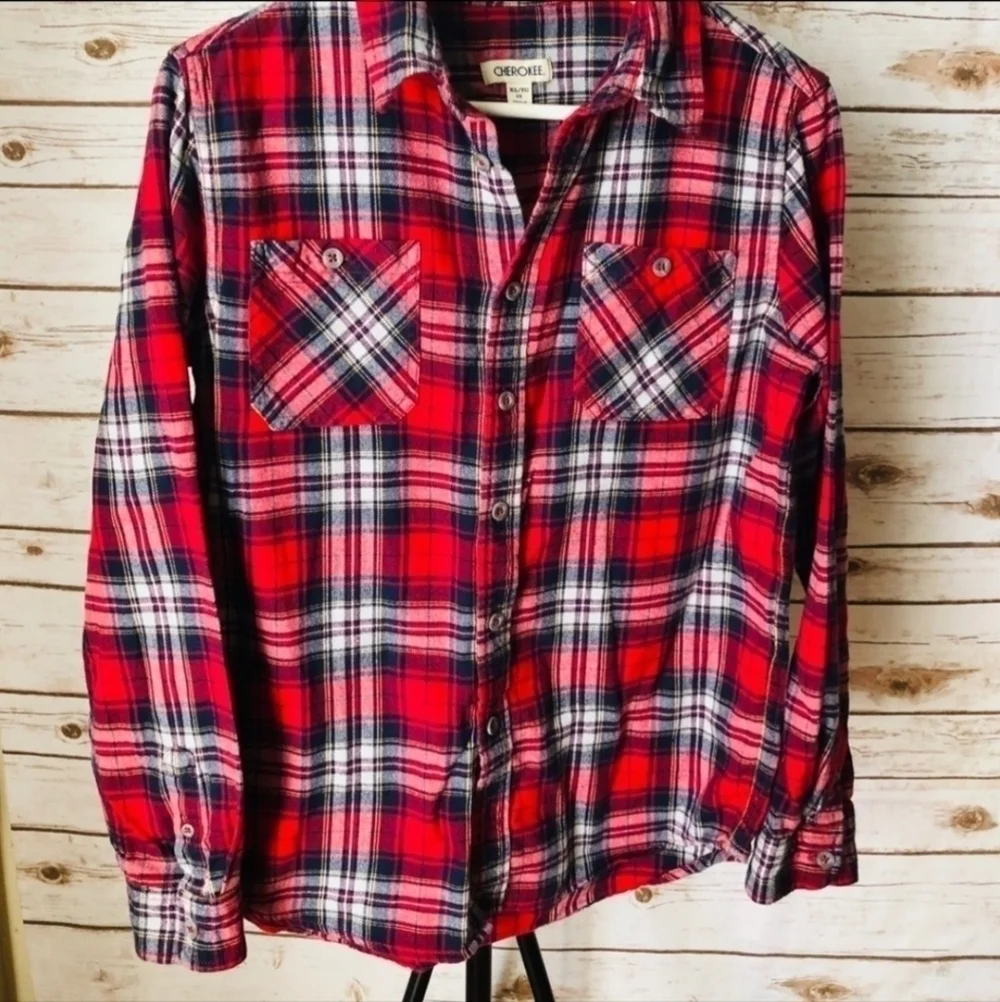Cherokee Red Black White Plaid Flannel Long Button Sleeve Shirt Collared Boy's 8